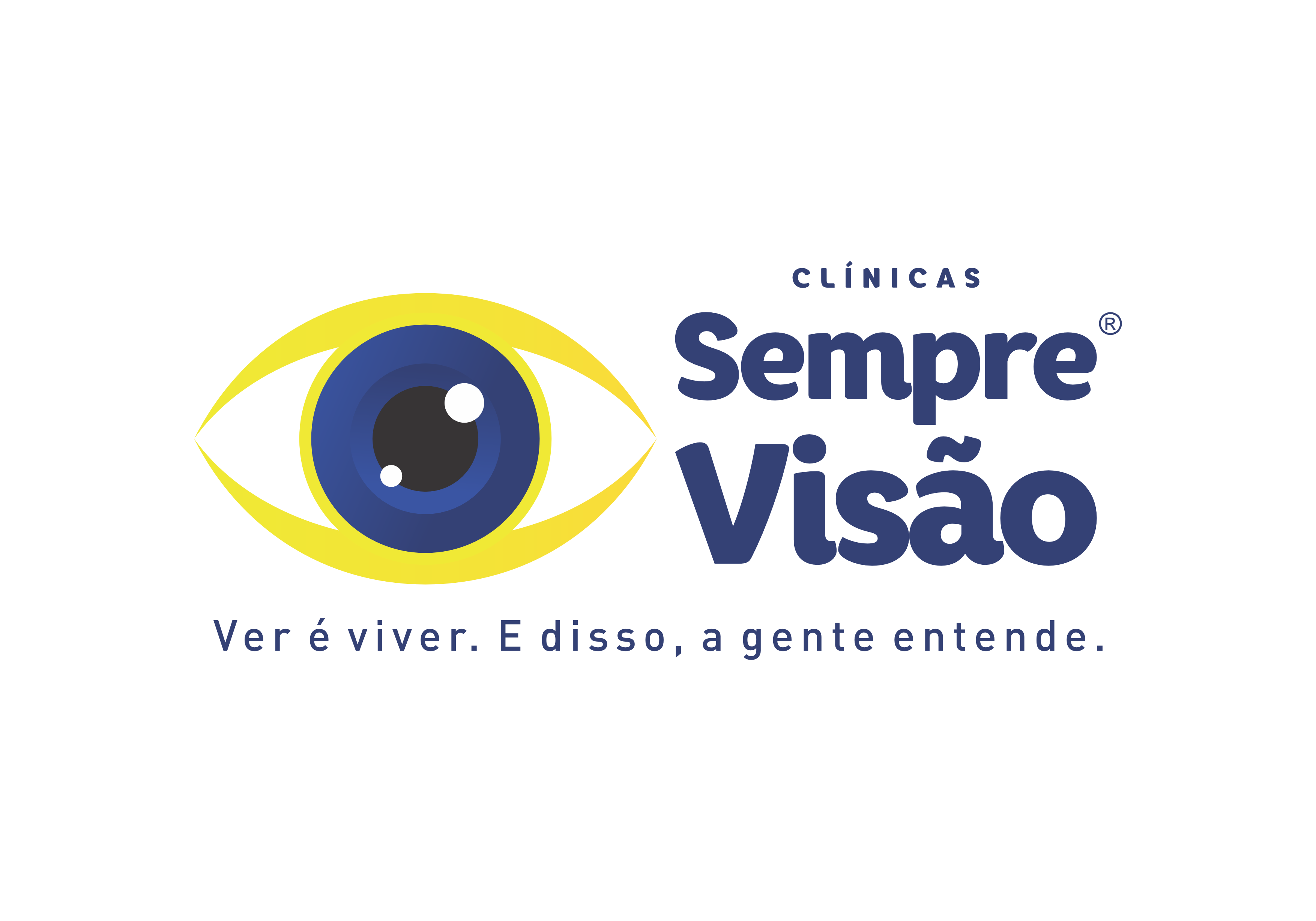 logo sempre visão:á esquerda o desenho de um olho com linhas amarelas e azuis, á direita Sempre Visão.